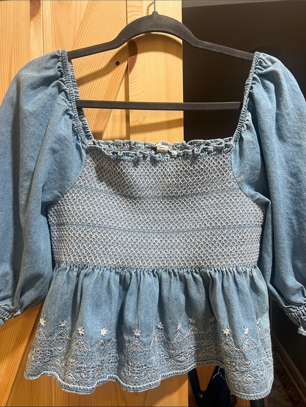 American Eagle Outfitters Light Blue Smocked Peplum Denim top size medium
